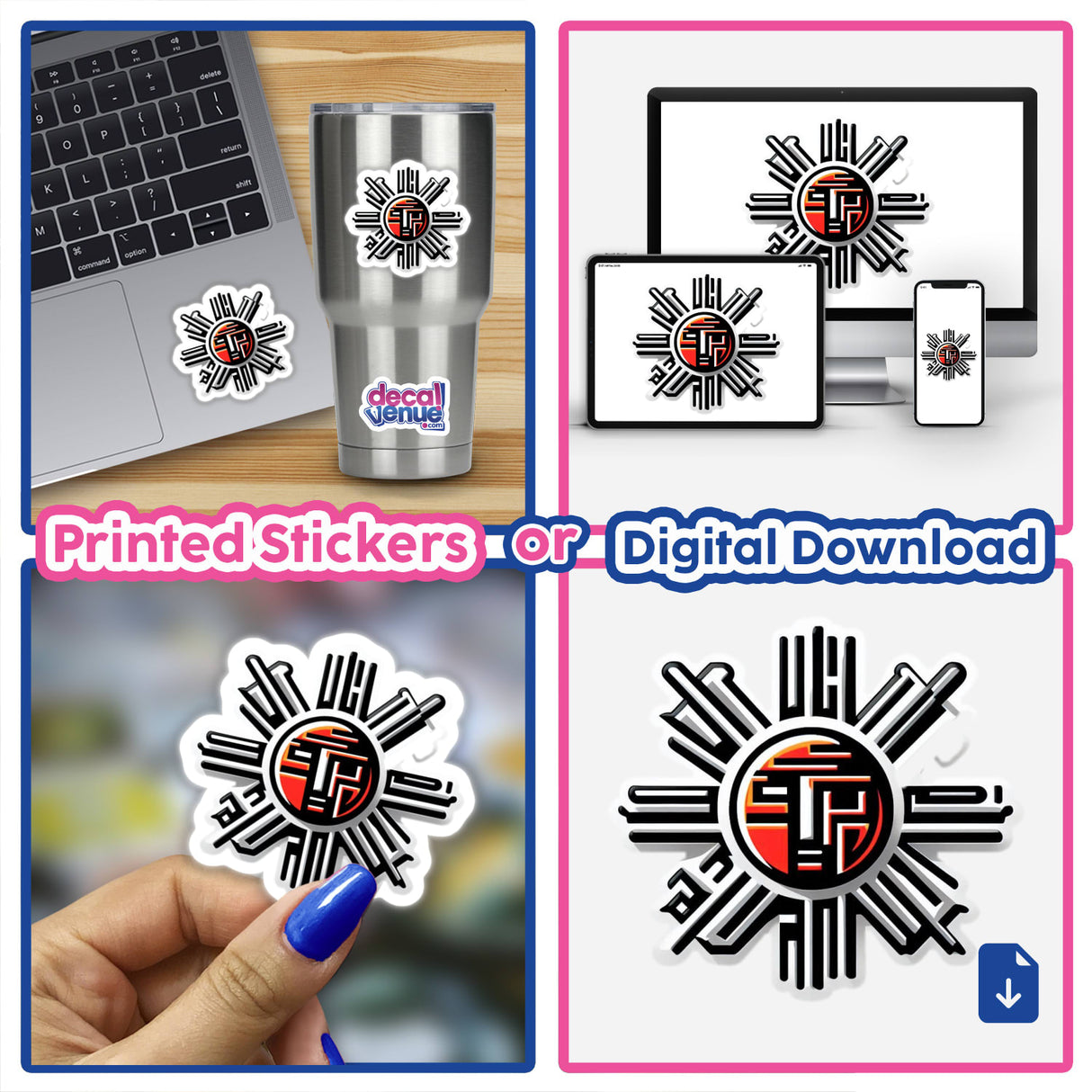 Collage featuring a laptop adorned with Sun sticker, a person holding another Sun sticker, and close-ups of digital artwork options from Decal Venue.