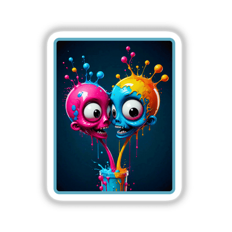 Splash Art Alien Invasion: Two Heads features vibrant cartoon skulls with expressive eyes and colorful paint splashes, available as unique stickers or digital artwork.