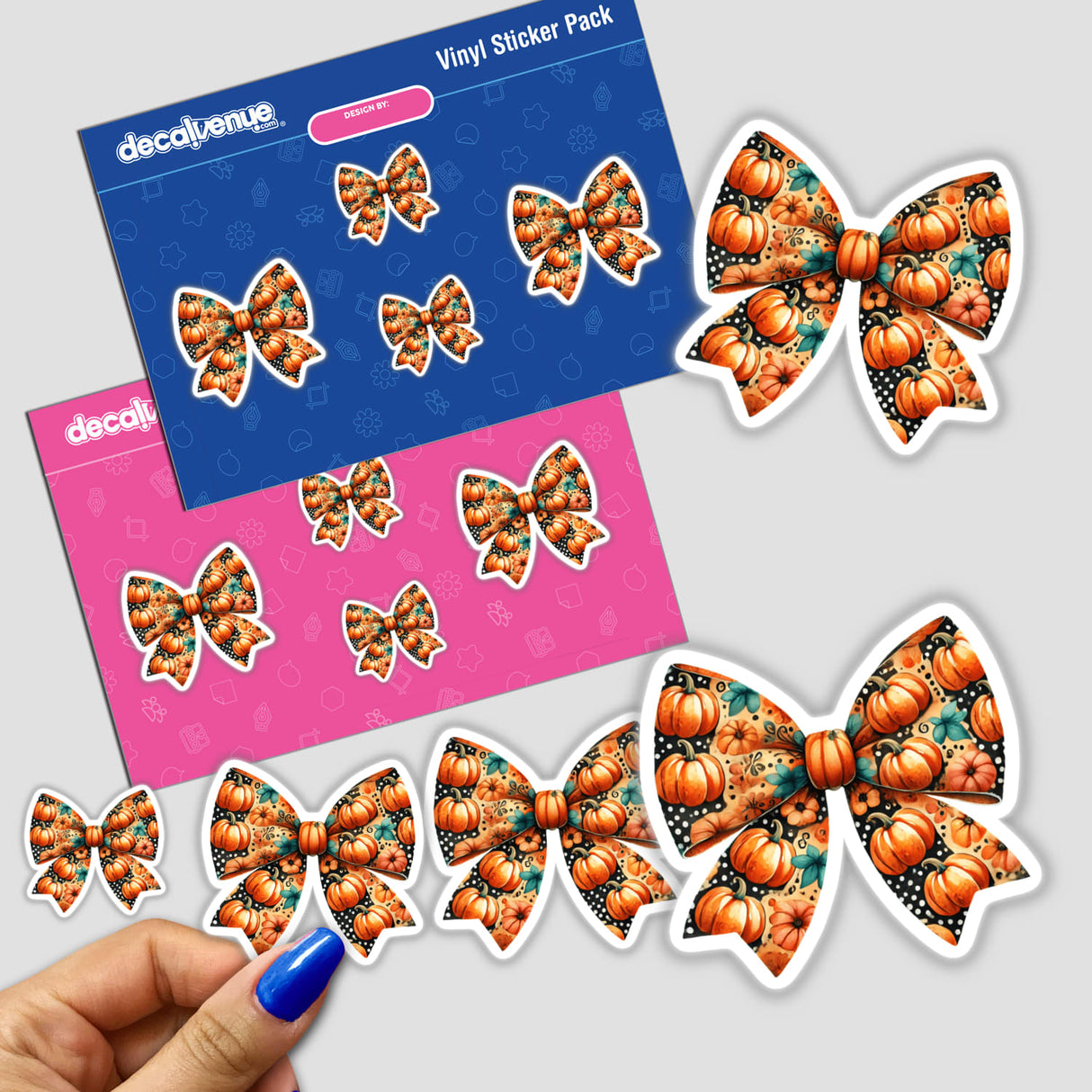 Pumpkin Pattern Coquette Bow sticker pack featuring detailed pumpkin and bow designs, available as stickers or digital artwork from Decal Venue.