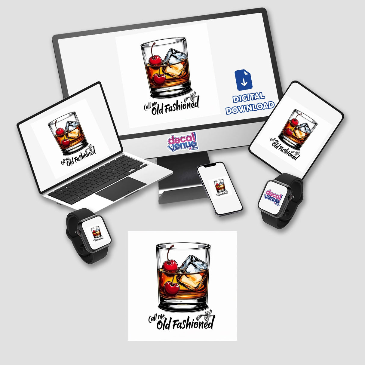 Call Me Old Fashioned Whiskey Glass with Cherries and Ice Cubes depicted on a computer screen and laptop, available as stickers or digital artwork from Decal Venue.