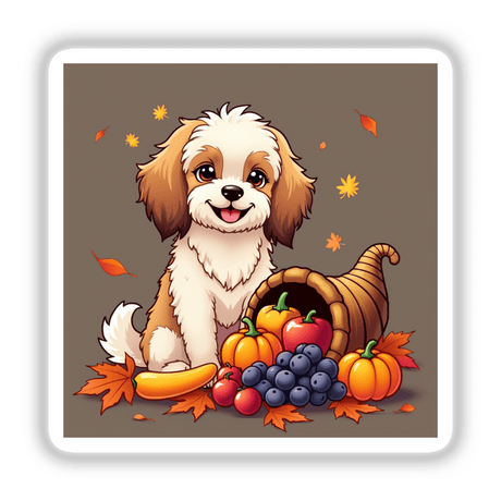 Thanksgiving Havanese Sticker & Clipart features a cartoon Havanese dog beside a cornucopia, surrounded by pumpkins and blueberries. Available as stickers or digital artwork with commercial rights.