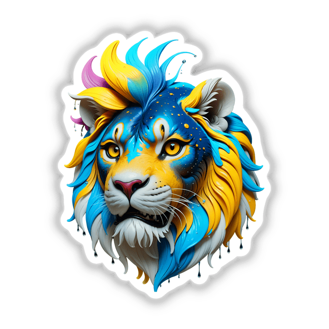 A Colorful Lion Head featuring a vivid lion's face with a striking white and blue mane. Available as stickers or digital artwork from Decal Venue.