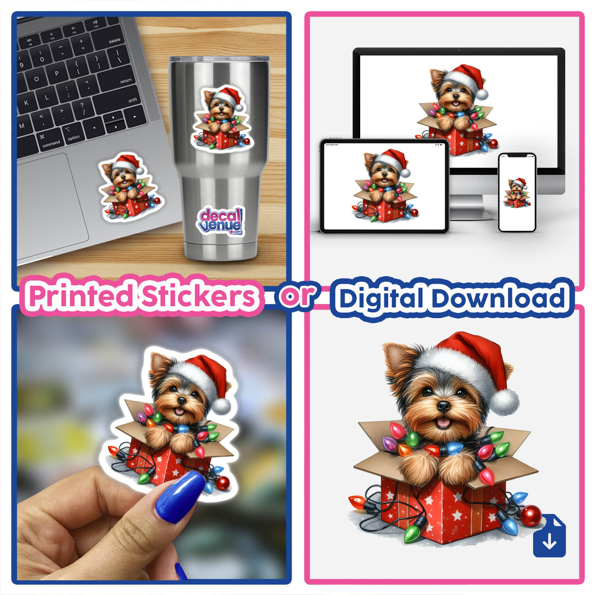 Christmas Lights Santa Yorkie in Gift Box III collage: a Yorkie in a Santa hat with Christmas lights, captured in various playful poses, available as stickers or digital artwork.