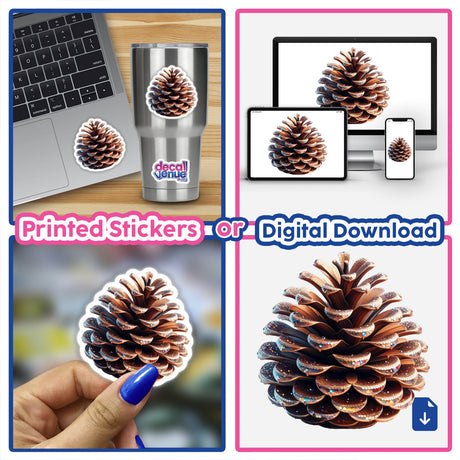 Festive Decorative Pine Cone sticker collage featuring close-ups of pinecones on various surfaces, including a laptop and a stainless steel cup, highlighting intricate details and texture.