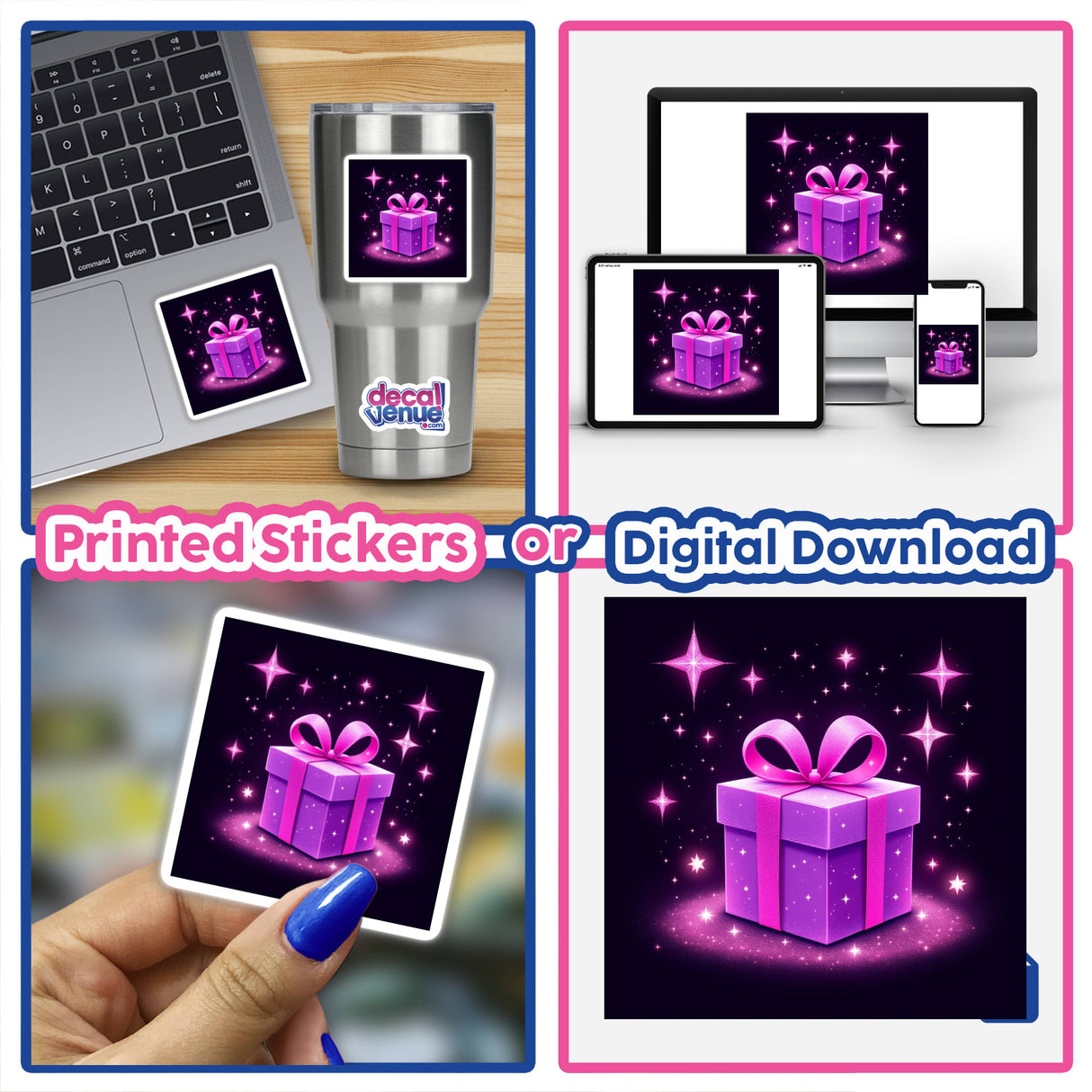 Purple Gift Box with Pink Ribbon and Festive Lights featured on a laptop collage, showcasing Decal Venue's unique stickers and digital artwork offerings.