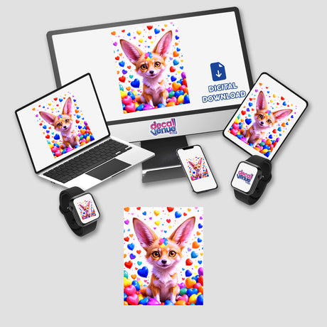 A Cute Fennec Fox With Love Hearts depicted on a computer monitor, laptop, and other devices, available as stickers or digital artwork from Decal Venue.