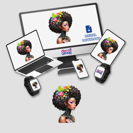 Sticker Design: Afro Portrait with Wires and Cables - A computer monitor and laptop display a digital artwork of a woman with flowers in her hair.