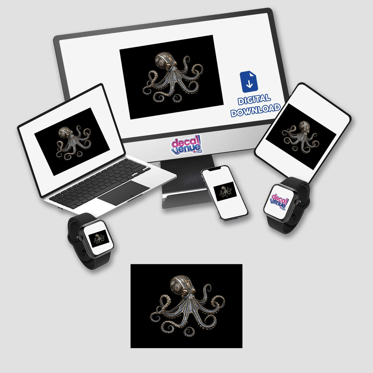 Intricate Steampunk Octopus with Brass and Silver Detailing displayed on electronic devices, highlighting its versatility as a sticker or digital artwork, ideal for adding a unique touch to gadgets.