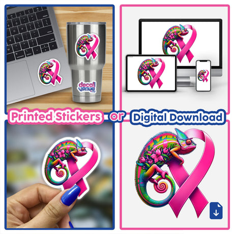 Chameleon Pink Ribbon Breast Cancer Awareness sticker on a laptop, featuring a chameleon intertwined with a pink ribbon, symbolizing support and awareness. Available as stickers or digital artwork.