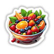 Colorful fruit salad with fresh oranges, strawberries, blueberries, and other vibrant produce in a ceramic bowl