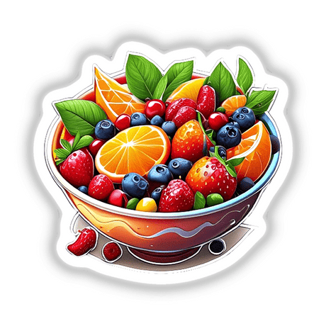 Colorful fruit salad with fresh oranges, strawberries, blueberries, and other vibrant produce in a ceramic bowl