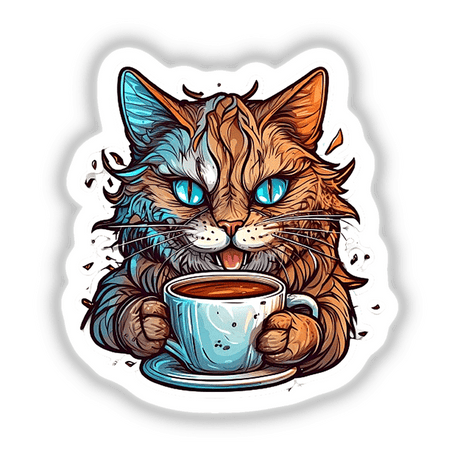 Colorful digital artwork of a humorous cat drinking coffee, surrounded by splashes and swirls, with vivid blue eyes and a mischievous expression.