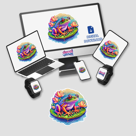 Colorful digital artwork depicting a frog sitting on a lily pad surrounded by vibrant flowers and plants, showcased on various digital devices including a laptop, smartphone, and smartwatch. The Decal Venue logo is prominently displayed, indicating this is a digital product available for purchase or download from their online store.