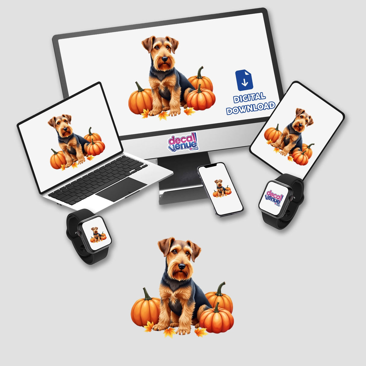 Airedale Terrier Clipart | Fall Aesthetic Dog Clipart | Stickers and Download with Commercial Rights featuring a dog on a laptop screen and surrounded by pumpkins.