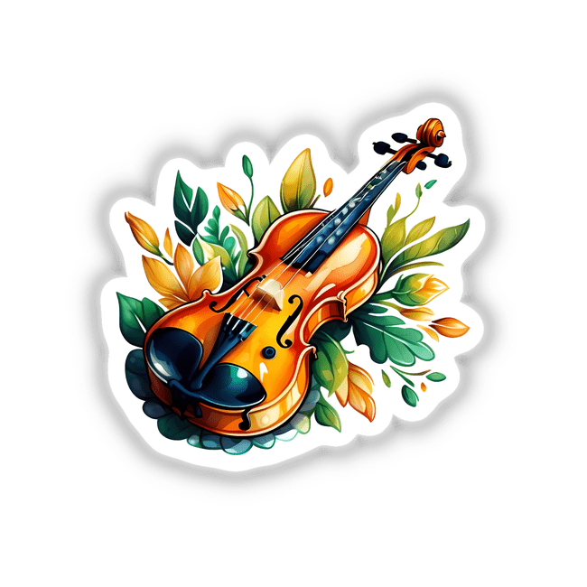 Violin with Green and Gold Leaves Sticker | Vintage Botanical Art: A detailed sticker featuring a violin adorned with green and gold leaves, blending musical elegance with botanical charm.