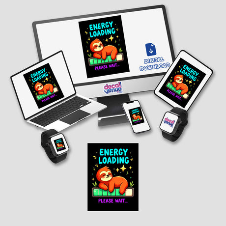 Energy Loading Please Wait Cute Sloth Quote displayed on a monitor and laptop, featuring a cartoon sloth. Available as stickers or digital artwork from Decal Venue.