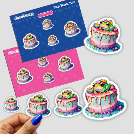 Stickers and a sticker pack featuring a cartoon frog on a cake, part of the Frog Cake: Adorable Dessert with Frog Decorations collection.