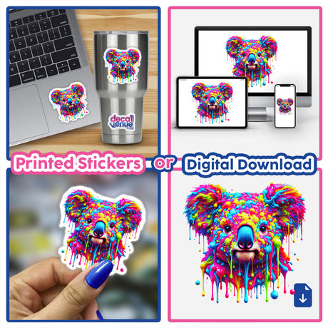 Psychedelic Neon Drip Koala sticker, featuring a vibrant, colorful Australian animal design with artistic paint drips, perfect for laptops or as digital artwork.