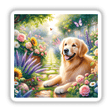 Golden Retriever in a Magical Garden Path Watercolor Illustration depicts a serene golden retriever lying on a flower-lined path, surrounded by vibrant blooms, available as stickers or digital artwork.