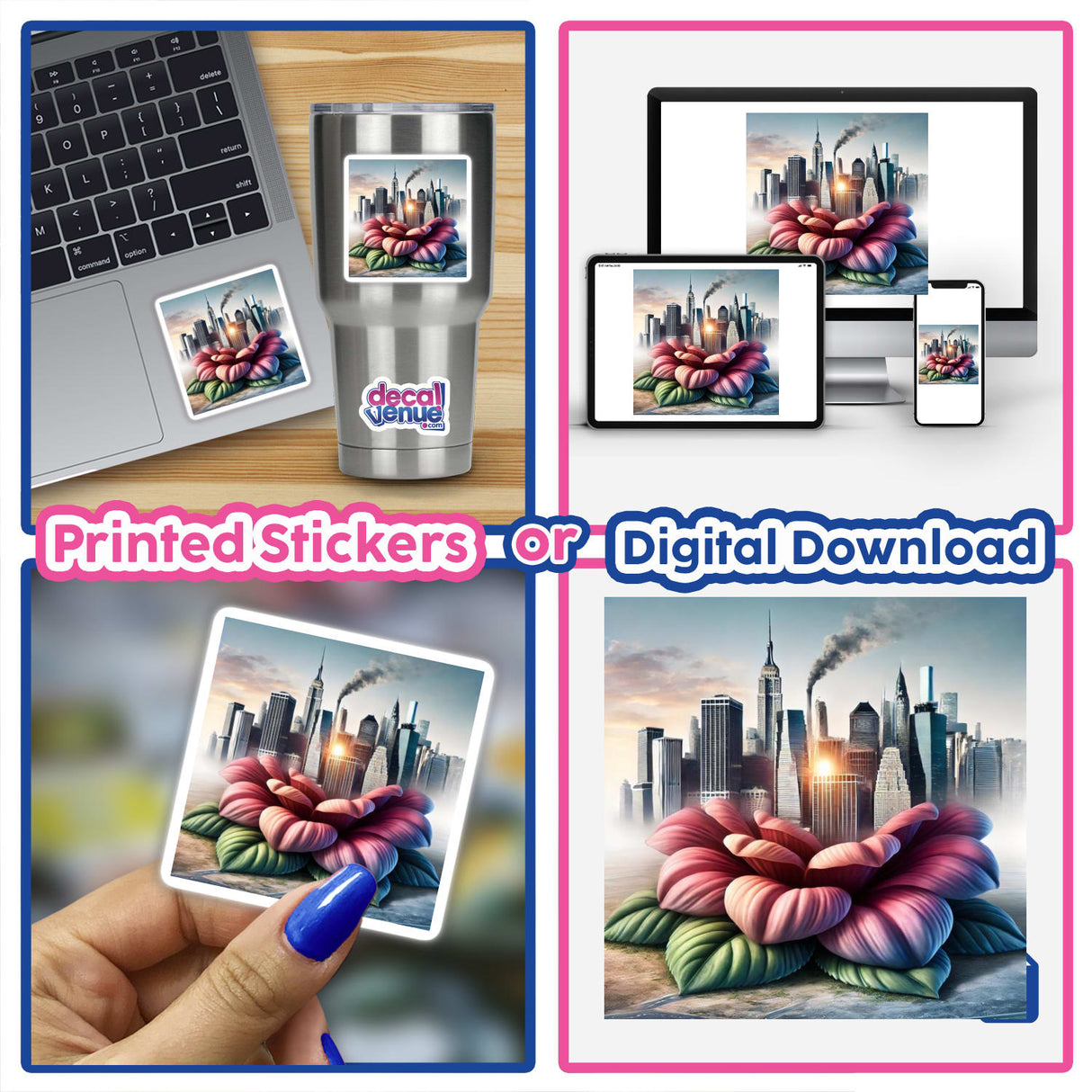 Collage of cityscapes and laptops, highlighting Metropolis Bloom - A City Skyline Growing from a Flower as unique stickers or digital artwork, reflecting urban growth intertwined with nature.