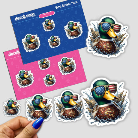 Mallard Duck Camo Splash sticker pack featuring ducks wearing sunglasses, including one with an American flag design. Available as stickers or digital artwork from Decal Venue.