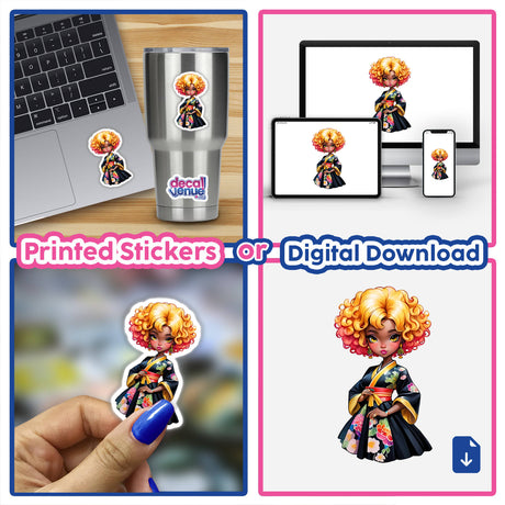 Sticker Design: Afro Geisha Girl in a Fusion of Cultures and Styles, featuring a collage of the cartoon character on various items like a silver cup, laptop, and more, showcasing detailed artwork.