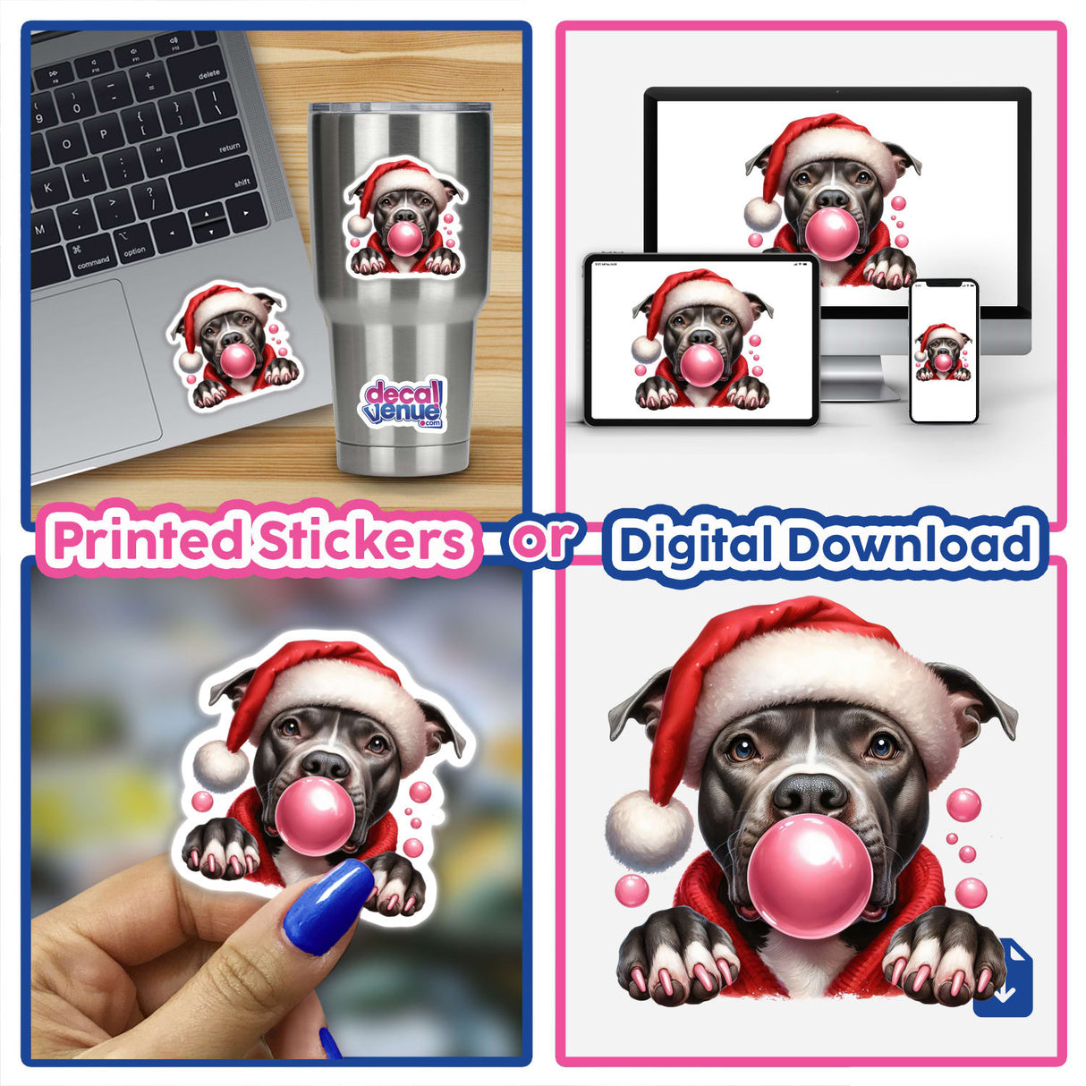 Pitbull Santa Dog Blowing Bubble: A collage featuring a cartoon pitbull in a Santa hat blowing bubble gum, available as stickers or digital artwork from Decal Venue.