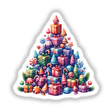 Christmas Candy Stacked Pyramid featuring presents forming a festive tree with candy details, available as unique stickers or digital artwork from Decal Venue, showcasing holiday-themed creativity.