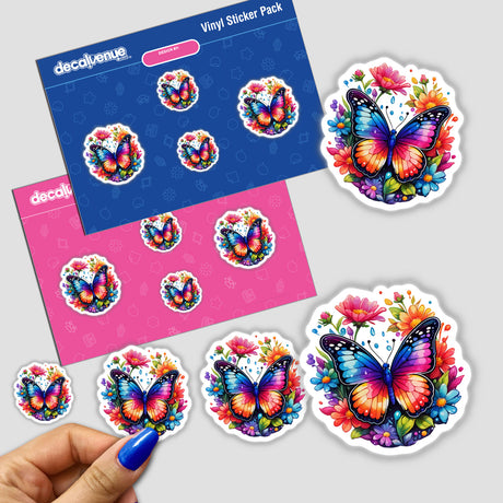 Butterfly Bliss: Watercolor Floral Splash sticker pack featuring hand holding a sticker with butterflies and flowers.