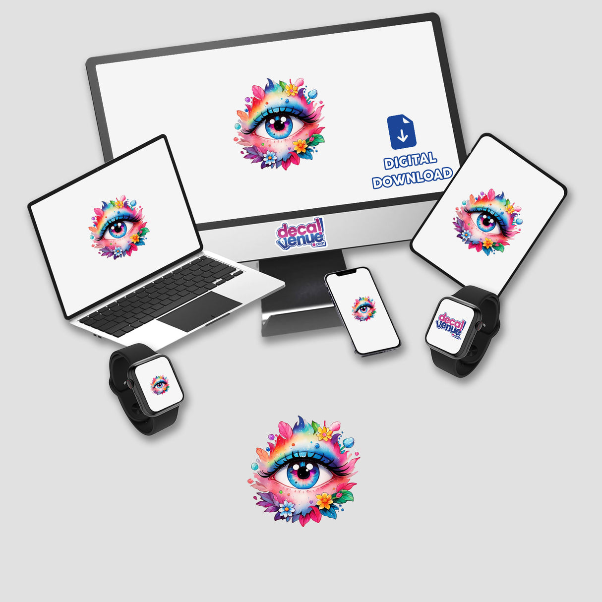 Floral Rainbow Third Eye stickers or digital artwork featuring a colorful eye with flowers displayed on various devices including a laptop, monitor, phone, and smartwatch.