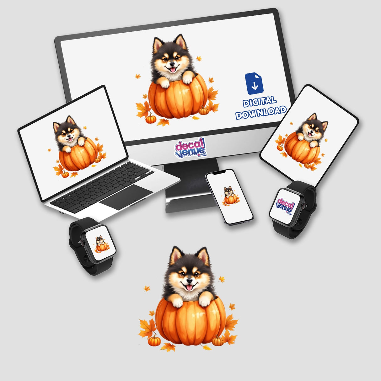 Adorable Pomsky Puppy in Pumpkin Clipart: A cute fall sticker featuring a dog with its paws on a pumpkin, available as digital artwork with commercial use.