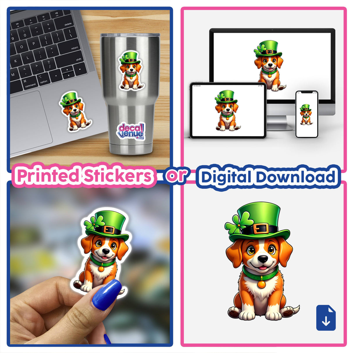 Collage featuring 'St. Patrick's Day Puppy' stickers, showing a cartoon dog in a green hat on a laptop and other surfaces, highlighting Decal Venue's unique sticker and digital art offerings.