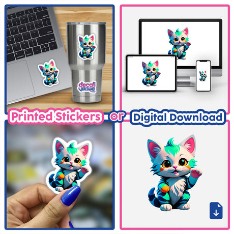 Cute Little Kitten sticker collage featuring cartoon cats, some on laptops and cups, available as stickers or digital art from Decal Venue.