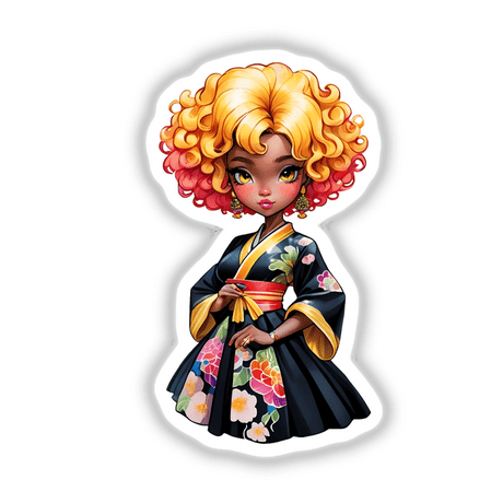 Sticker Design: Afro Geisha Girl in a Fusion of Cultures and Styles, featuring a cartoon woman with colorful curly hair, wearing a kimono, available as stickers or digital artwork.