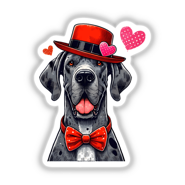 Great Dane Valentine Dog illustration featuring a dog with a hat and bow tie, available as stickers or digital artwork. Perfect for fans of unique vinyl decals and digital art creations.