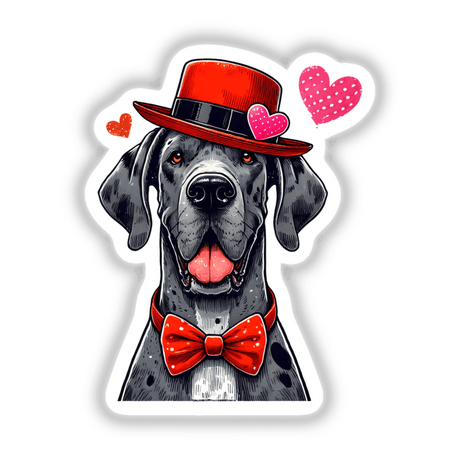 Great Dane Valentine Dog illustration featuring a dog with a hat and bow tie, available as stickers or digital artwork. Perfect for fans of unique vinyl decals and digital art creations.