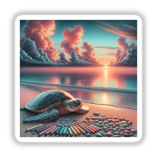 Turtle on a Sandy Shore at Sunrise Chalk Art depicting a turtle surrounded by colored pencils, available as stickers or digital artwork from Decal Venue.