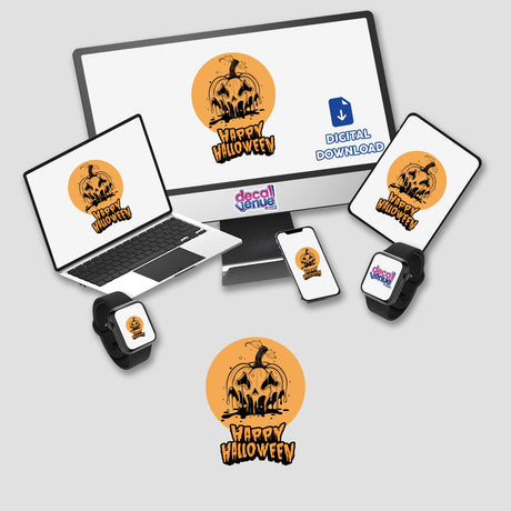 Happy Halloween-themed computer monitor and laptop displaying a pumpkin logo, accompanied by a mouse, smartwatch, and keyboard, available as stickers or digital artwork.