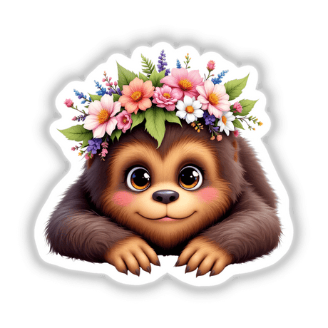 Adorable Sasquatch with a Spring Flower Crown depicted in a cartoon style, available as stickers or digital artwork. The image highlights the cute animal adorned with a floral headpiece.