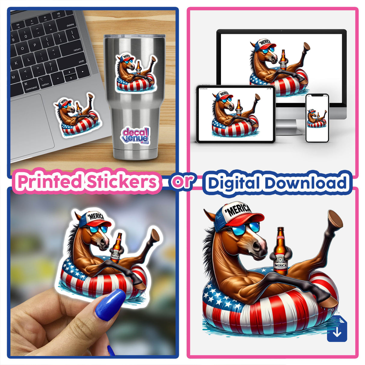 Patriotic Saddlebred horse in an American flag-themed inflatable tube, available as printed stickers or a digital download from the Decal Venue store, featuring vibrant colors and a playful design.