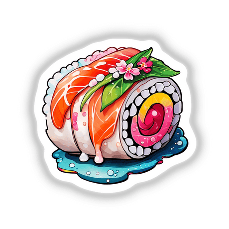 Sushi Delight: Cute Watercolor Sushi Roll Sticker featuring a charming, cartoon-style sushi roll illustration. Available as stickers or digital artwork from Decal Venue.