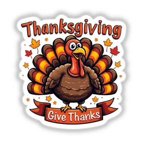 Thanksgiving-themed sticker featuring a cartoon turkey with text and decorative leaves, perfect for celebrating the holiday. Available as stickers or digital artwork from Decal Venue.