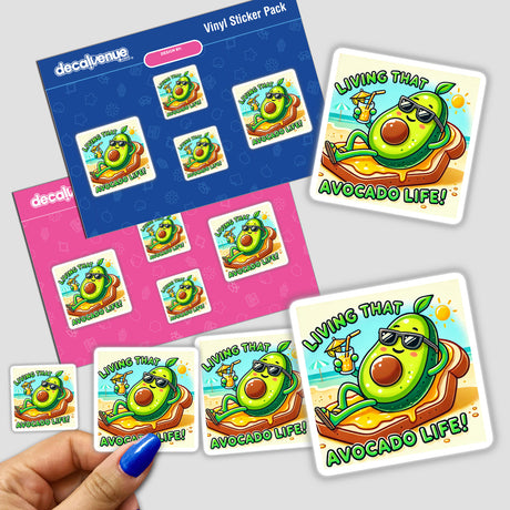 Living that avocado life: Stickers featuring cartoon avocados on toast, showcasing playful designs. Available as stickers or digital artwork from Decal Venue, known for unique stickers and digital art.