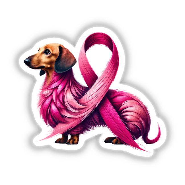 Pink Ribbon Dachshund Dog Breast Cancer illustration featuring a cute cartoon dachshund with a pink ribbon around its neck; available as stickers or digital artwork.