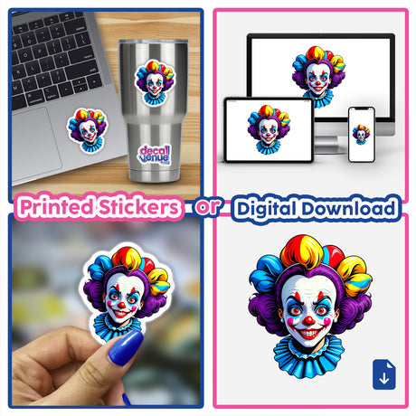 Collage featuring A Crazy Clown Girl stickers and digital artwork, showcasing a cartoon clown with colorful hair, applied on a cup, laptop, and phone.