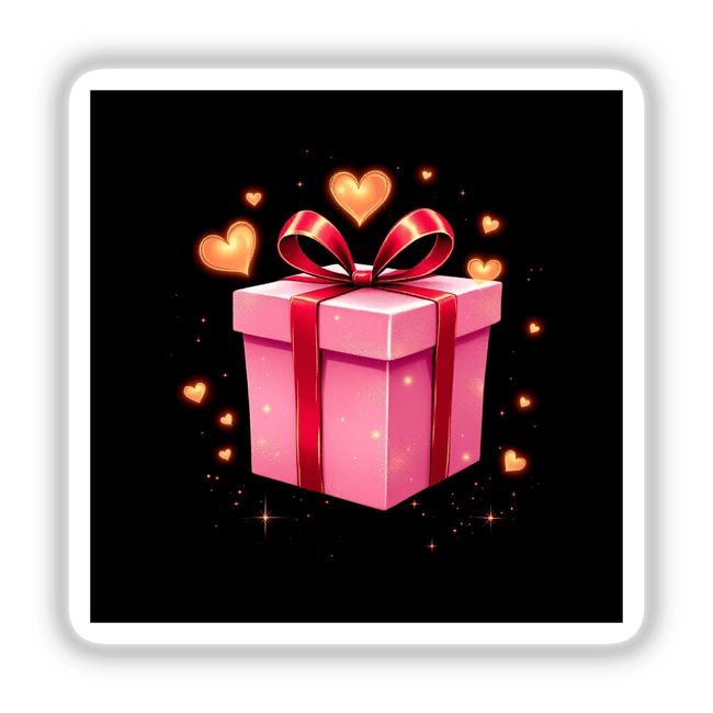 Pink Gift Box with Red Ribbon and Gold Hearts features a detailed bow and radiant hearts, available as stickers or digital artwork, embodying Decal Venue's unique style in decorative pieces.