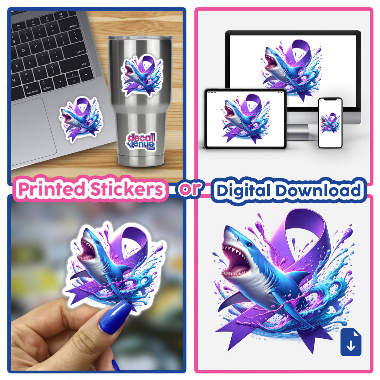 Collage showcasing Shark Purple Awareness Ribbon stickers and digital artwork on various items, emphasizing their unique design.