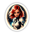 Cute anime superhero girl with red hair, illustrated in a cartoon style. Available as stickers or digital artwork, perfect for fans of unique vinyl art and digital creations from Decal Venue.