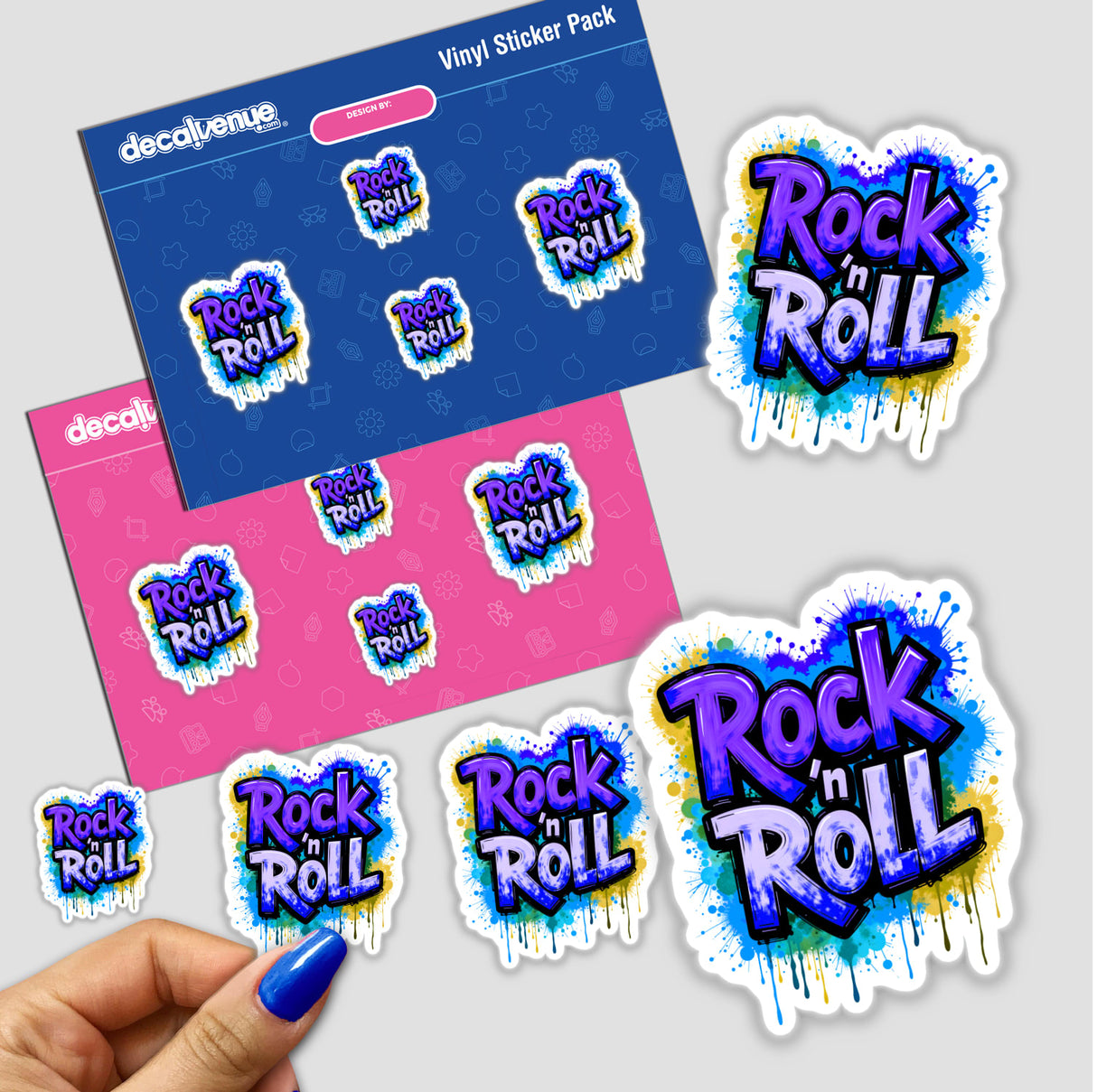 Rock 'n Roll Graffiti Art stickers featuring bold text and vibrant graphic design elements, available as a sticker pack or digital artwork for unique decoration.