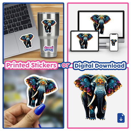 Colorful elephant portrait sticker featuring a vibrant floral design. The digital artwork showcases the intricate details and patterns that make up the elephant's body, capturing its majestic presence. The sticker or digital download can be used to express your unique style on various surfaces, from laptops to personal items.